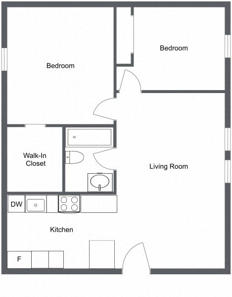 Floor plan for 2 beds, 1 bath, 867 sqft